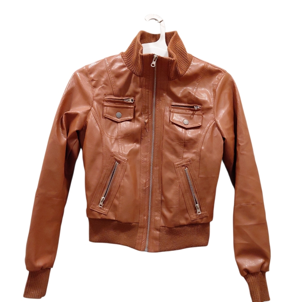 "Miss London" Sz.S, Brown,Faux Leather, Bomber Jacket. A slit in the material...